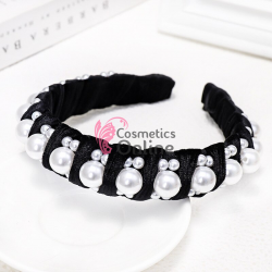 Bentita deosebita pentru par din catifea cu Perle Albe BTP018AA - Neagra